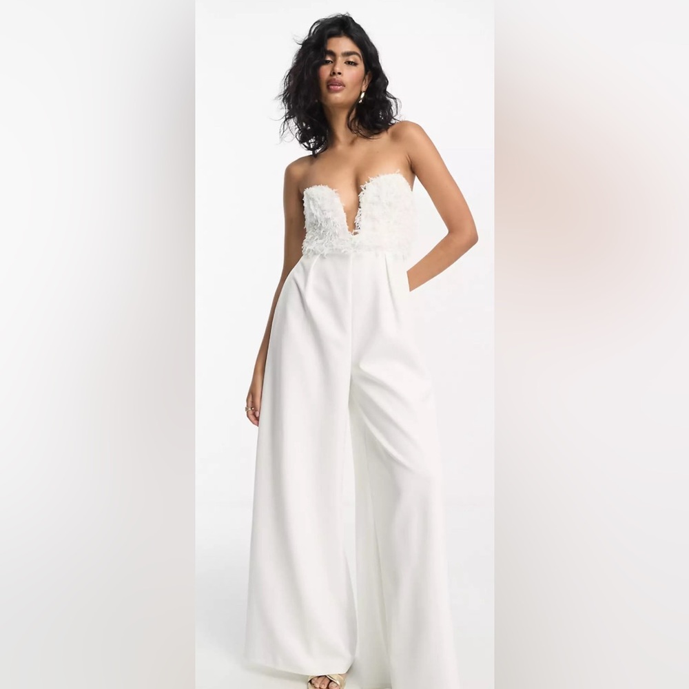 Zara Wide Leg Jumpsuit with Plunging Neckline Feather Design Top